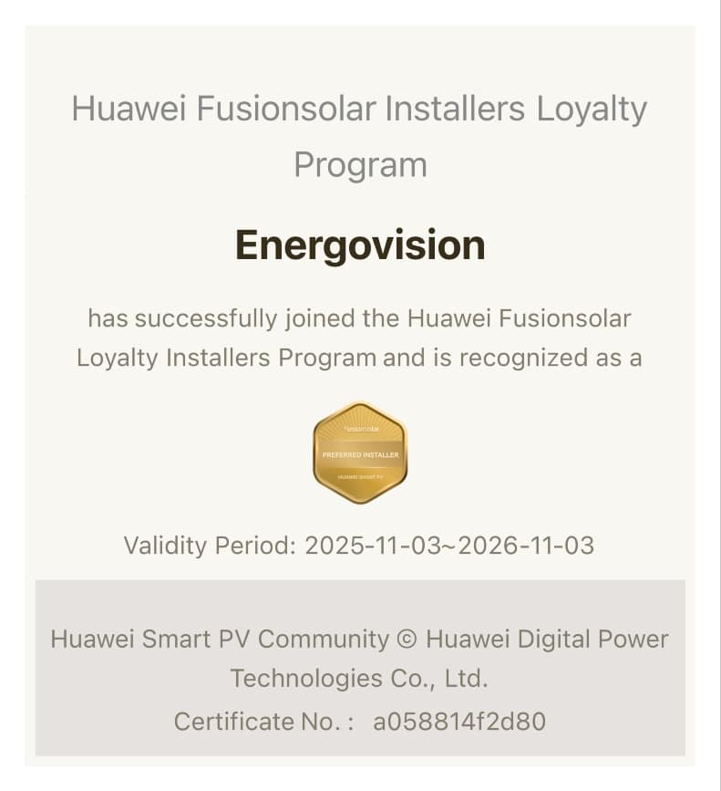 Energovision – Huawei Fusionsolar Preferred Installer 2025