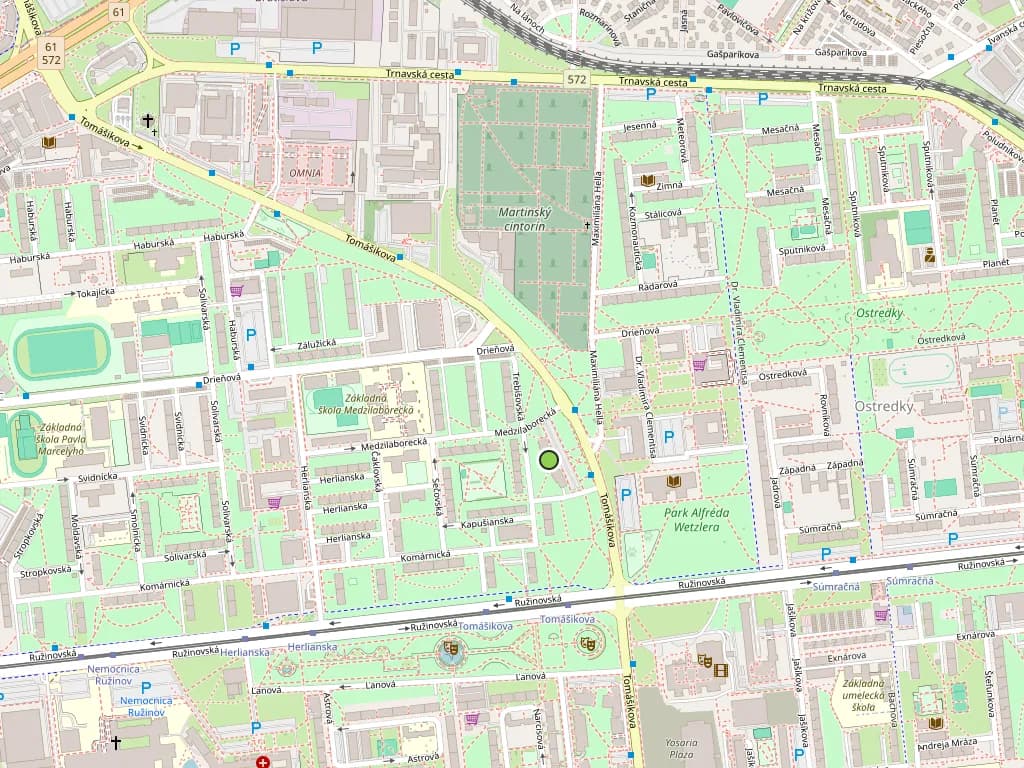 Mapa okolia kancelárie na Tomášikovej v Bratislave so značkou polohy.