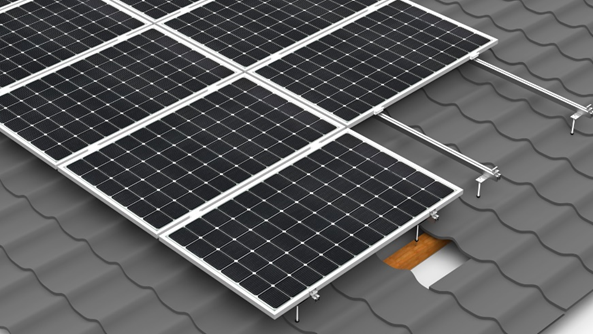 Structure for photovoltaics on a pitched metal roof.